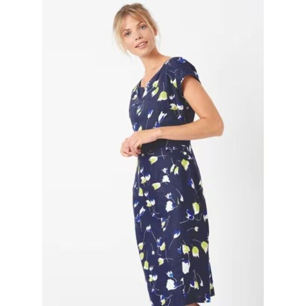 Brora Womens Size 10 Navy and Lime Tulip Print Linen Sheath Dress